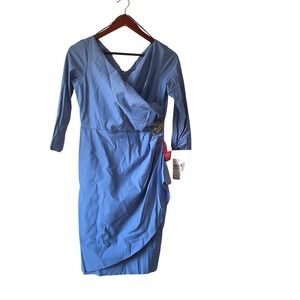 NWT y2k Alex Evenings Sky Blue Rhinestone Draped Sheath Dress Womens 6